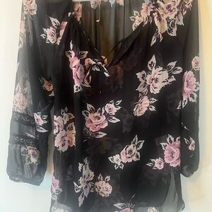 LC Lauren Conrad Black and Pink Floral Sheer Blouse